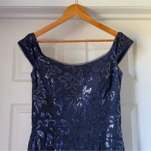 Xscape Off The Shoulder Navy Sequin Gown